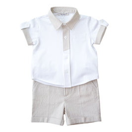 Baby Boys 2 Piece White Shirt & Light Brown Pattern Shorts